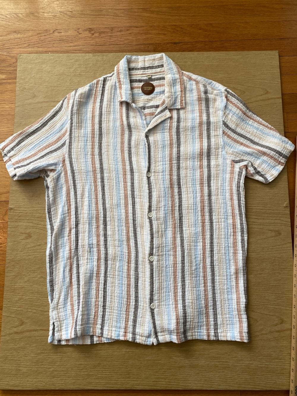 COMMON PEOPLE Striped Short-Sleeve gauzy Shirt - White with Blue & Brown XL
